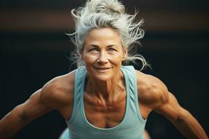 ai généré portrait de athlétique gris cheveux femme travail en dehors dans Gym . aptitude et la musculation concept photo