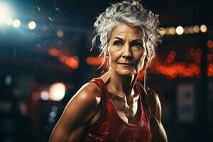 ai généré portrait de athlétique gris cheveux femme travail en dehors dans Gym . aptitude et la musculation concept photo