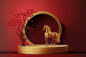 ai généré d'or cheval et arbre dans le miroir sur une rouge Contexte photo