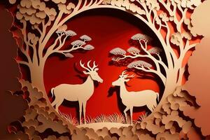 ai généré papier art de cerf et des arbres photo