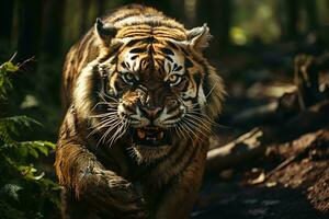 ai généré une majestueux tigre rôde dans une ensoleillé forêt, ses intense regard et puissant construire sur plein afficher. photo