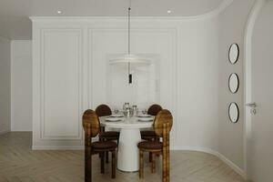 le rendu de une minimaliste à manger chambre. élégant en bois chaises avec blanc à manger tableau. photo