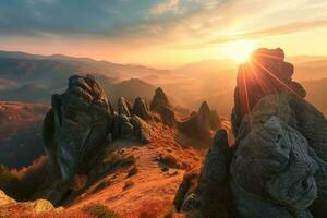 ai généré une Stupéfiant lever du soleil dévoile le majestueux rocheux paysage, comme lumière danses à travers le brumeux vallées, mise en évidence la nature grandeur et tranquillité. photo