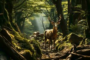 ai généré une étourdissant cerf au milieu de une vibrant vert forêt, lumière du soleil filtration par feuilles création une magique atmosphère. photo