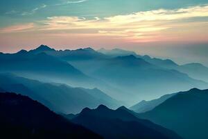 ai généré une tranquille scène de en couches montagnes baigné dans le doux lueur de coucher de soleil, mettant en valeur la nature grandeur. photo