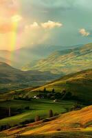 ai généré une vif arc en ciel ornant le ciel au dessus roulant vert et d'or des champs niché au milieu de majestueux montagnes. le premier plan Caractéristiques des champs dans variant nuances de vert et or photo