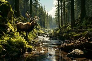 ai généré une majestueux élan permanent à côté de une serein forêt courant entouré par luxuriant verdure et grand des arbres, en dessous de le doux lueur de lumière du soleil filtration photo