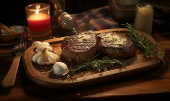 ai généré une grand steak avec des légumes et beurre sur une en bois planche photo