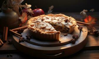 ai généré une en bois planche avec une tarte avec pommes photo