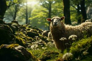 ai généré une seul mouton au milieu de une serein, ensoleillé forêt, entouré par luxuriant verdure, épanouissement fleurs, et ancien rochers. photo