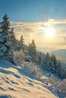 ai généré une neigeux paysage pendant le coucher du soleil. le Soleil est visible dans le arrière-plan, moulage une chaud et d'or lumière cette les contrastes magnifiquement avec le du froid neige. photo