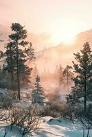 ai généré une étourdissant montagneux paysage baigné dans le chaud lueur de lever du soleil. grand pin des arbres, partiellement couvert dans neige, supporter en bonne place contre le toile de fond de brumeux montagnes. photo