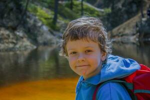 portrait de une peu garçon contre le Contexte de une Montagne Lac photo