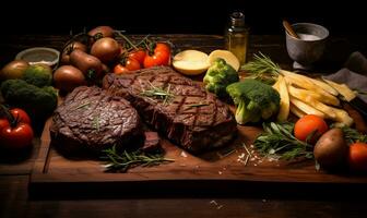 ai généré steak et une côté de Ail sur une en bois assiette photo