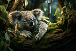 ai généré une koala repos pacifiquement sur une couvert de mousse bifurquer, entouré par luxuriant verdure comprenant feuilles et fougères, création une Naturel et serein environnement. photo