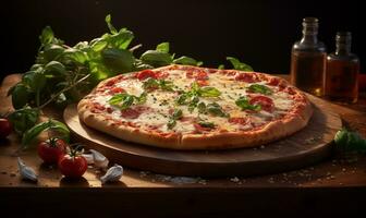 ai généré le petit Pizza séance sur une en bois planche et certains petit herbes sur il photo