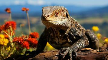 ai généré lézard dans ses Naturel habitat, La publicité photo, toute la longueur coup de une animal de compagnie idée pour une carte postale et La publicité photo