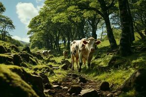 ai généré une serein paysage où vaches errer librement, entouré par imposant des arbres, vibrant vert herbe et illuminé par le doux des rayons de le Soleil. photo