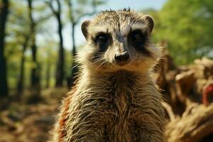 ai généré une suricate dans concentrer avec une forêt toile de fond. ses regard est intense, fourrure détaillé et le environnement est luxuriant et vert. photo