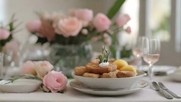 ai généré détails de une magnifiquement ensemble table pour une de la mère journée brunch, mise en évidence le élégance et prévenance, génératif ai, Contexte image photo