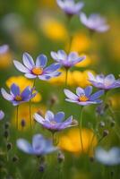 ai généré concentrer sur le minute fleurs sauvages dans une prairie, mettant en valeur le la diversité de couleurs et formes sur une petit escalader, Contexte image, génératif ai photo