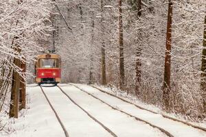 un vieux tramway se déplaçant dans une forêt d'hiver photo