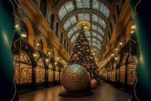 ai généré une Noël arbre est dans le milieu de une grand bâtiment photo