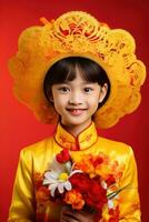 ai généré studio portrait de content asiatique fille porter traditionnel chinois costume sur rouge arrière-plan, content chinois Nouveau an. photo