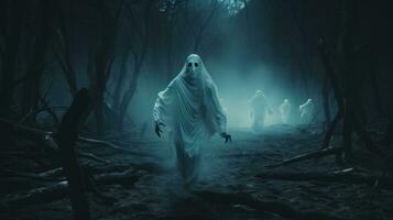 ai généré effrayant fantôme dans le effrayant jungle à foncé nuit Contexte photo