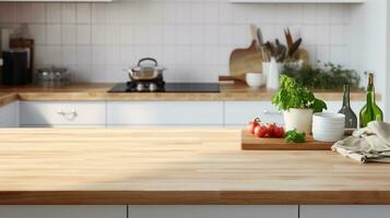 ai généré vide en bois table dans le cuisine pour montage produit afficher, vitrine, présentation et conception photo