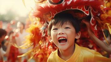 ai généré content asiatique enfant célébrer chinois Nouveau année en plein air photo