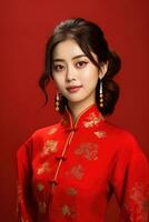 ai généré studio portrait de content Jeune asiatique femme porter traditionnel chinois costume sur rouge arrière-plan, content chinois Nouveau an. photo