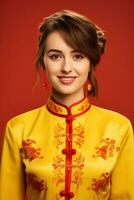 ai généré studio portrait de content Jeune européen femme porter traditionnel chinois costume sur rouge Contexte. content chinois Nouveau année photo