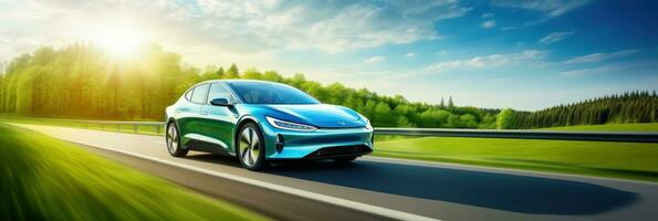 ai généré électrique véhicule voiture ou ev voiture conduite sur le route vert la nature et bleu ciel Contexte. durable et renouvelable énergie concept photo