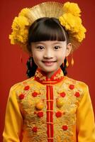 ai généré studio portrait de content asiatique fille porter traditionnel chinois costume sur rouge arrière-plan, content chinois Nouveau an. photo