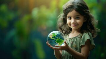 ai généré content fille étreindre planète Terre. enfant embrassement globe Terre pour monde protection, Terre jour, monde environnement jour, enregistrer e monde. zéro carbone dioxyde les émissions photo