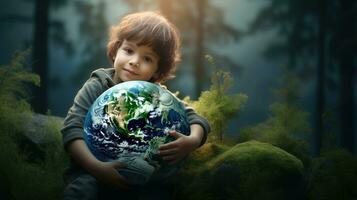 ai généré content enfant étreindre planète Terre. garçon embrassement globe Terre pour monde protection, Terre jour, monde environnement jour, enregistrer e monde. zéro carbone dioxyde les émissions photo