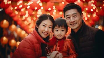 ai généré content asiatique famille célébrer chinois Nouveau année en plein air photo