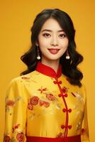 ai généré studio portrait de content Jeune asiatique femme porter traditionnel chinois costume sur Jaune arrière-plan, content chinois Nouveau an. photo