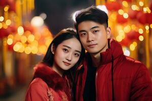 ai généré content asiatique couple célébrer chinois Nouveau année en plein air photo