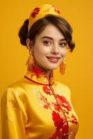 ai généré studio portrait de content Jeune européen femme porter traditionnel chinois costume sur Jaune Contexte. content chinois Nouveau année photo