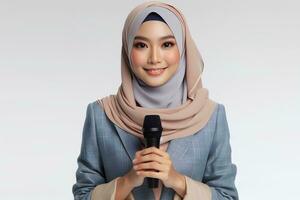 ai généré un asiatique femelle présentateur dans une hijab détient une micro sur une blanc Contexte photo