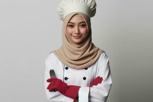 ai généré un asiatique femelle chef portant une hijab sur une blanc Contexte photo