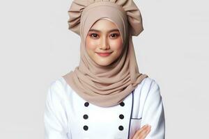 ai généré un asiatique femelle chef portant une hijab sur une blanc Contexte photo