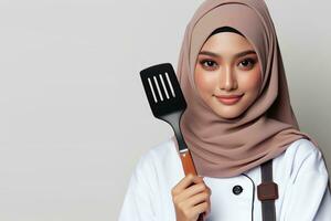 ai généré un asiatique femelle chef dans une hijab en portant une spatule sur une blanc Contexte photo