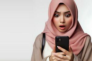 ai généré un asiatique femme dans une hijab détient une téléphone intelligent et regards à il avec une sous le choc expression isolé sur une blanc Contexte photo