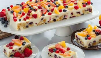 ai généré une dessert avec fruit sur une blanc assiette photo