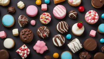 ai généré assortiment de coloré biscuits sur une noir Contexte photo