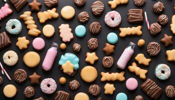 ai généré beaucoup différent les types de biscuits et des sucreries sur une noir Contexte photo