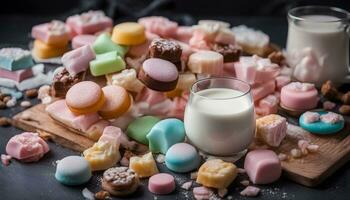 ai généré divers coloré bonbons et Lait sur une en bois planche photo